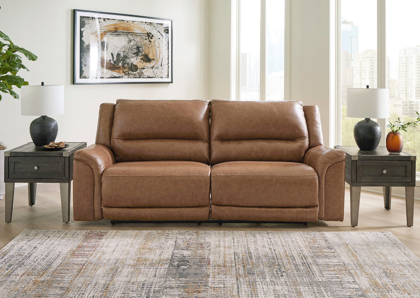 Sofá reclinable cuero eléctrico 2 cuerpos Trasimeno caramel